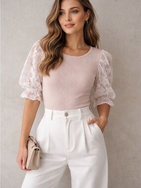 Elie Tahari Cream + White Eyelit Lace Puff Sleeve Knit Top